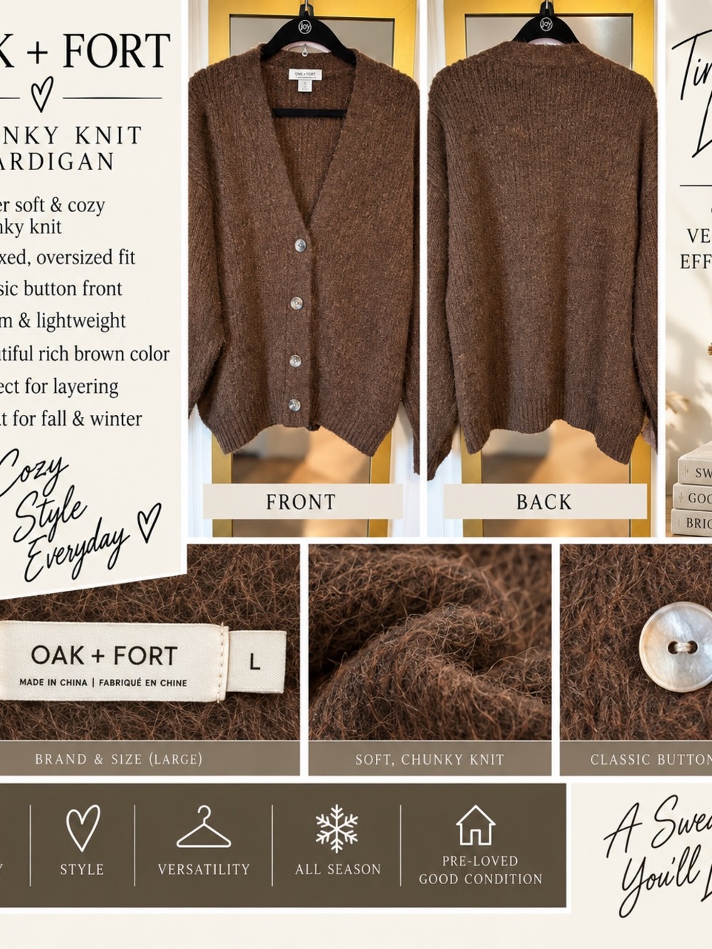 OAK + FORT Rich Brown Chunky V-Neck Cardigan